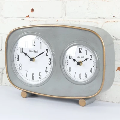 Relógio de mesa decorativo de 2 mostradores com fuso horário diferente cinza de metal dourado